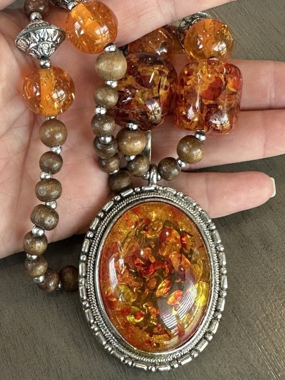 Vintage Silver Huge Amber Resin Bead Oval Pendant Necklace Wood Boho